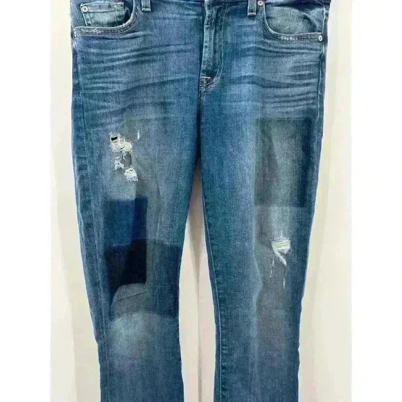 7 For All Mankind Women's Skinny Ankle Jeans Sz 28 Color Block Patch Distressed - Picture 2 of 7